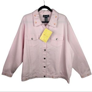 🆕 Denim & Co. Pink Shell Jacket w/ Floral Embriodered Details Women's Size 2X
